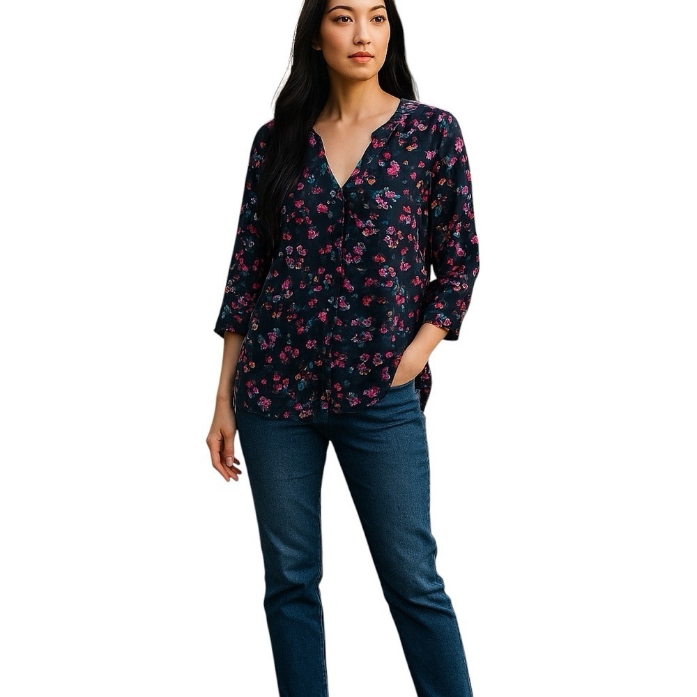 Yumi Kim Floral Blouse V-Neck Button Up Front 3/4 Sleeve Top Size L NWT